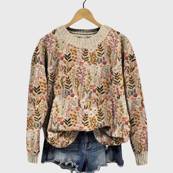 Fani | Beiger weicher Pullover mit Blütenmuster
