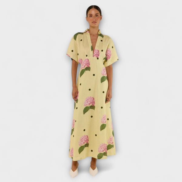Liselotte - Hellgelbes Langes Kleid mit Hortensienmuster